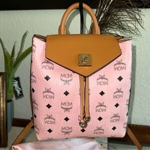 MCM Pink Signature Visetos Backpack with Tan Leather Flap💕🛍️💕